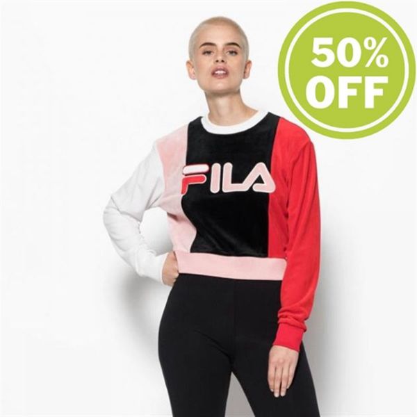 Fila Antoinetta Crop Cropped Shirt With Crew Neck Women's Sweatshirts - Black/White/Red/Pink,NZ 637-